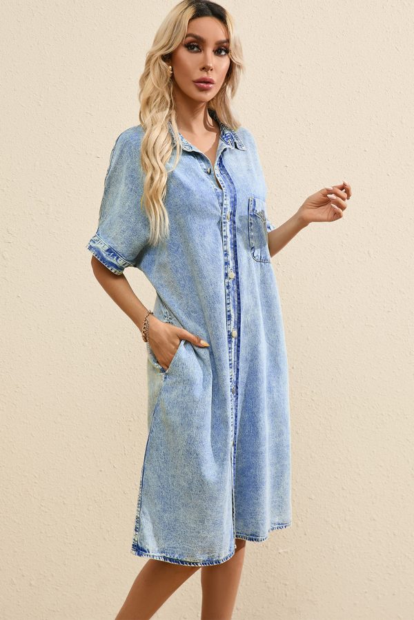 Denim Shirt Dress with Button Pockets - Image 13