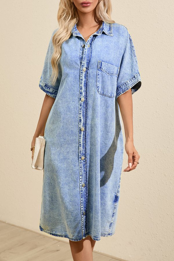 Denim Shirt Dress with Button Pockets - Image 9