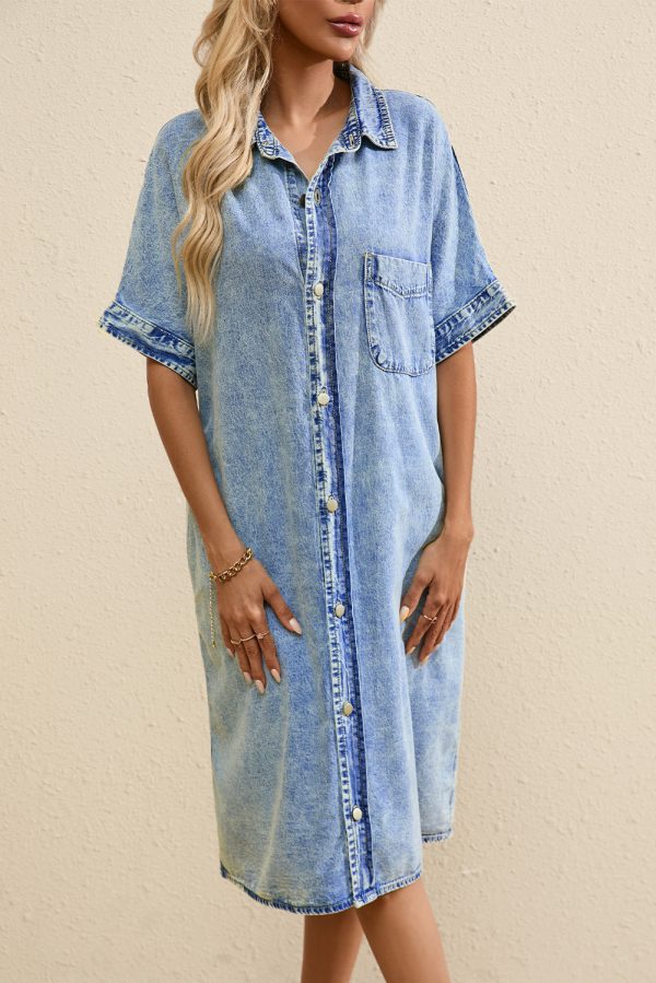 Denim Shirt Dress with Button Pockets - Image 11