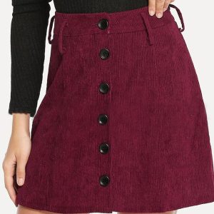 Button Front A-Line Belted Corduroy Mini Dress