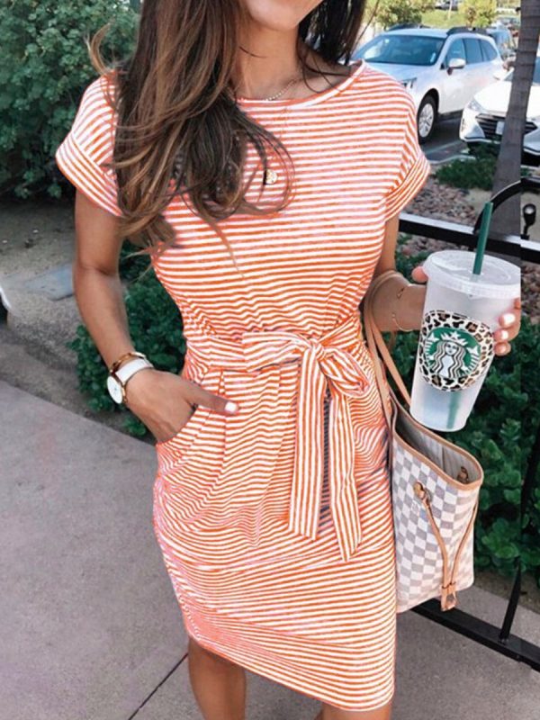 Tunic Striped Round Neck Short Sleeve Mini Dress - Image 2