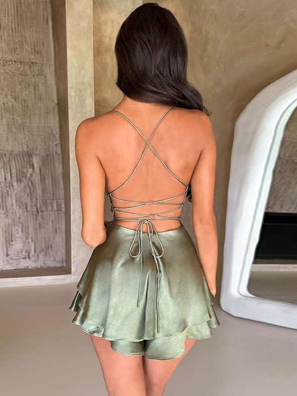 Stylish Backless Tiered Cowl Neck A-line Mini Dress - Image 25