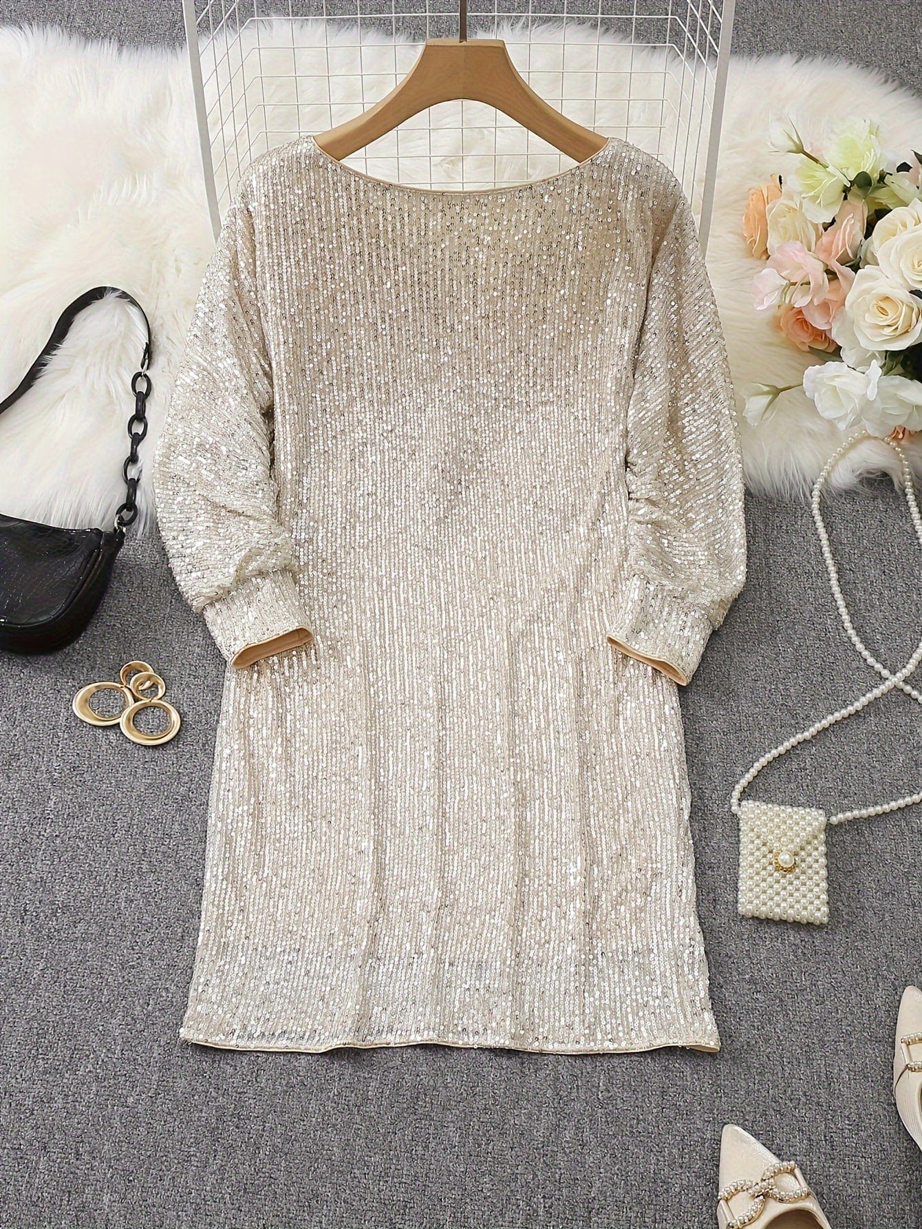 Sparkling V Neck Sequin Long Sleeve Party Mini Dress - Image 10
