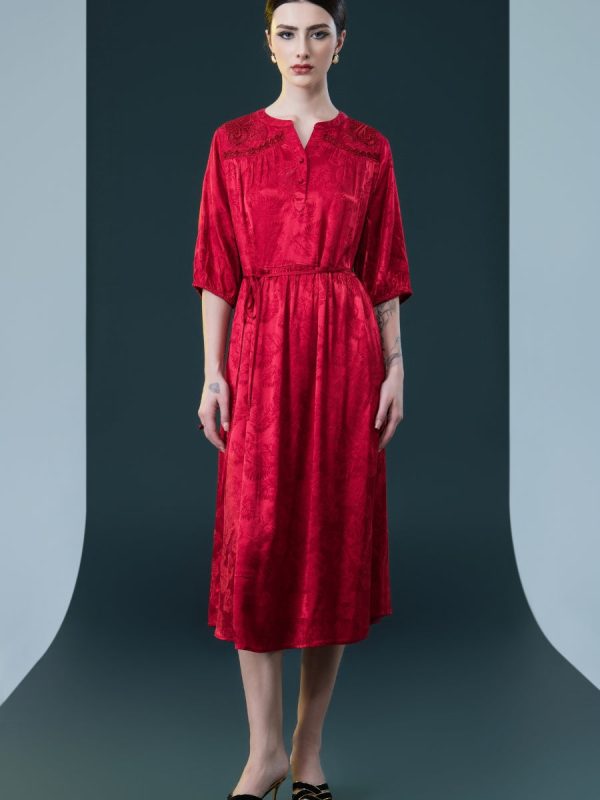 Ruby Red Embroidered Maxi Dress with Cinched Waist - Image 3