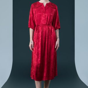Ruby Red Embroidered Maxi Dress with Cinched Waist