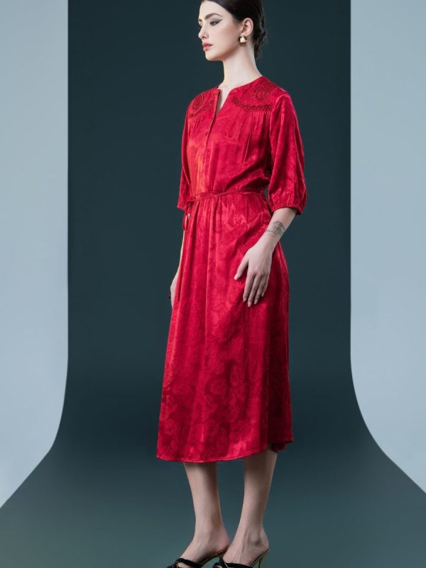Ruby Red Embroidered Maxi Dress with Cinched Waist - Image 4