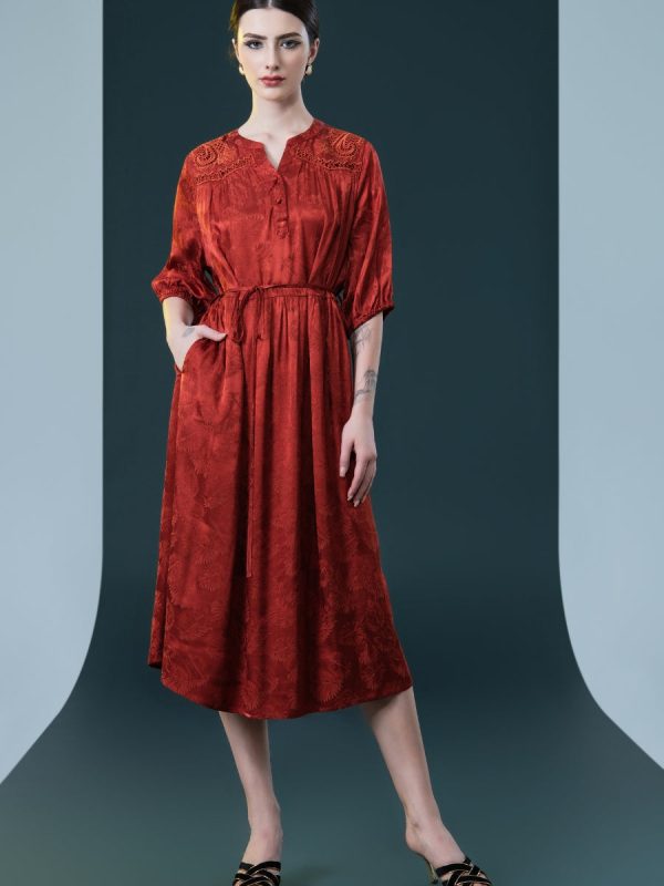 Ruby Red Embroidered Maxi Dress with Cinched Waist - Image 8