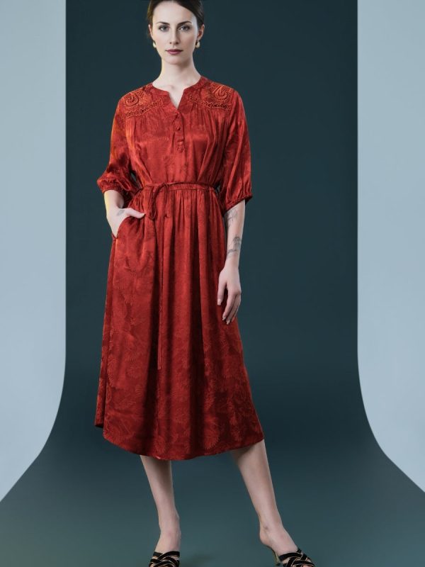Ruby Red Embroidered Maxi Dress with Cinched Waist - Image 2