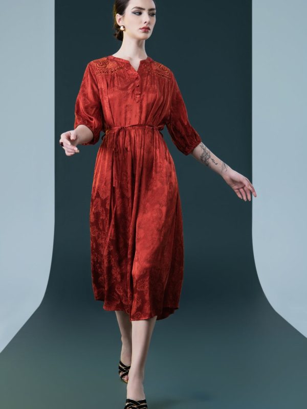 Ruby Red Embroidered Maxi Dress with Cinched Waist - Image 10