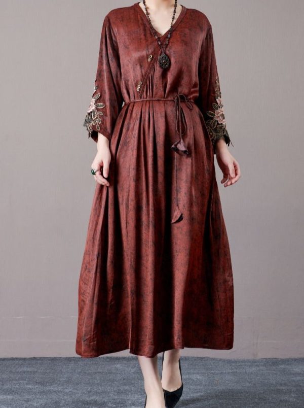 Embroidered Sleeves Rust Brown Maxi Dress - Image 3