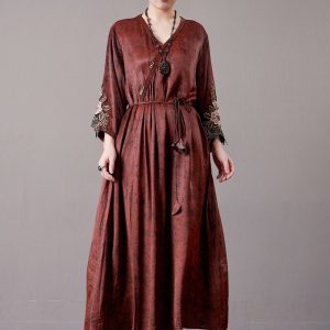 Embroidered Sleeves Rust Brown Maxi Dress