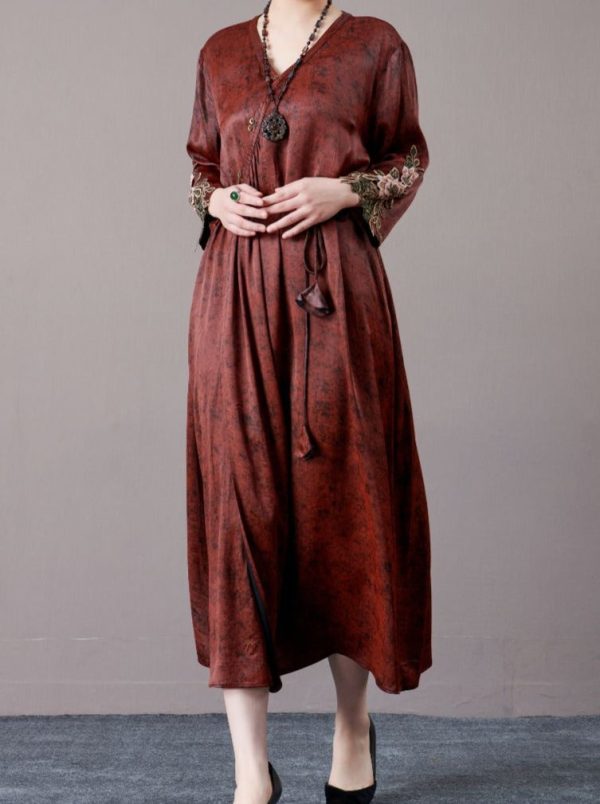 Embroidered Sleeves Rust Brown Maxi Dress - Image 4