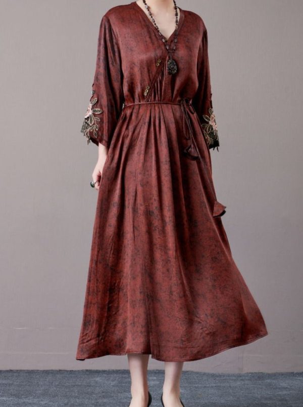 Embroidered Sleeves Rust Brown Maxi Dress - Image 8