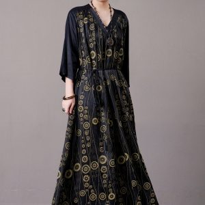 Black and Gold Geometric Print Maxi Dress