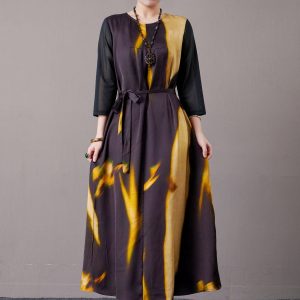 Abstract Print Long Sleeve Maxi Dress