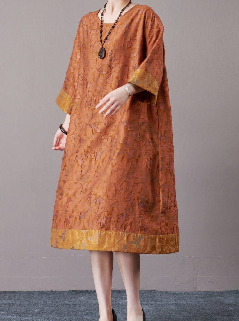 Elegant Burnt Orange A-Line Dress with Textured Detail - Image 3