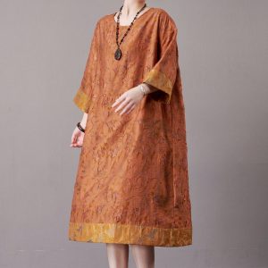 Elegant Burnt Orange A-Line Dress with Textured Detail