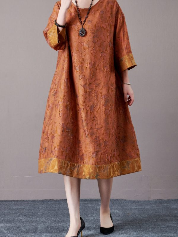 Elegant Burnt Orange A-Line Dress with Textured Detail - Image 4