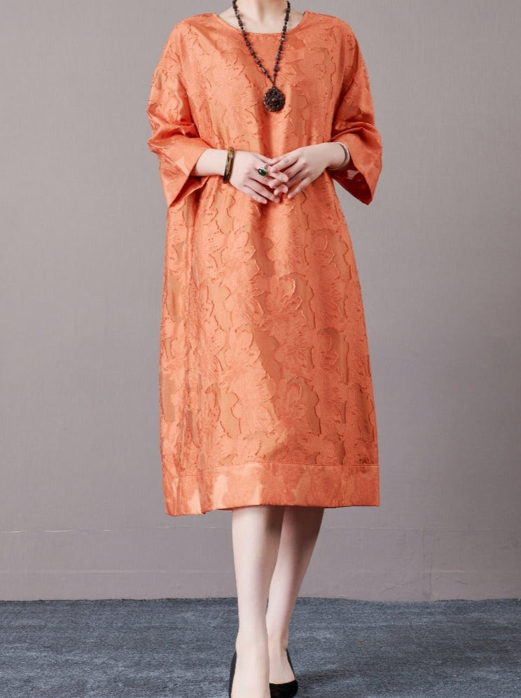 Elegant Burnt Orange A-Line Dress with Textured Detail - Image 6