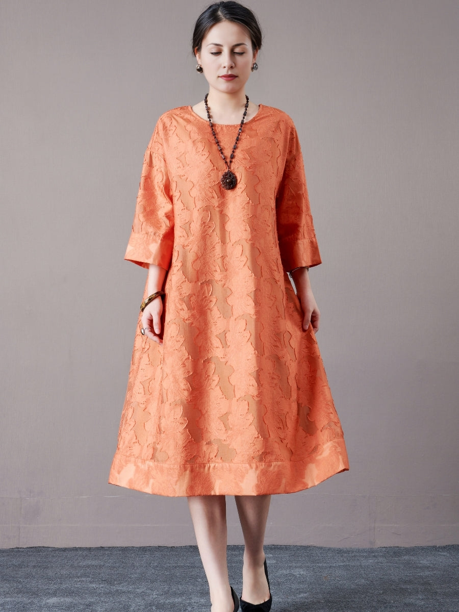 Elegant Burnt Orange A-Line Dress with Textured Detail - Image 2