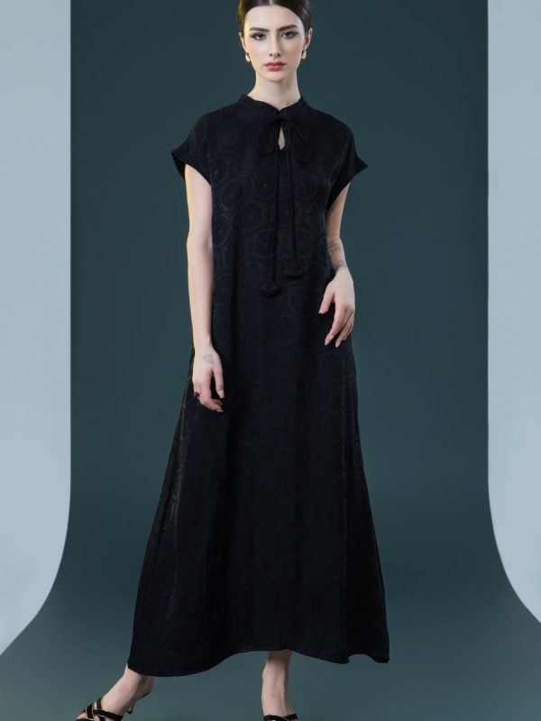 Elegant Black Cap-Sleeve Maxi Dress with Tie Neck - Image 3