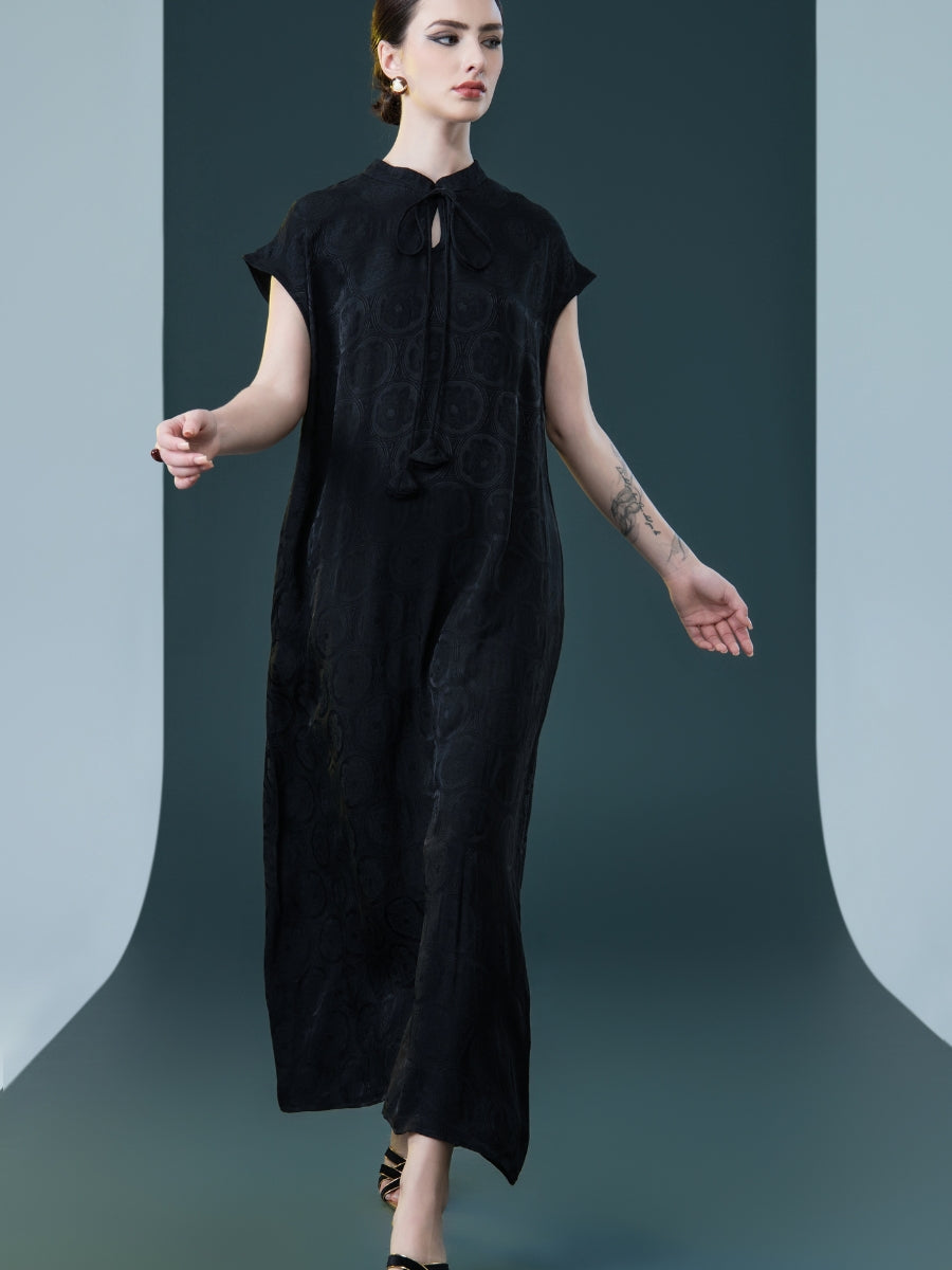 Elegant Black Cap-Sleeve Maxi Dress with Tie Neck - Image 5