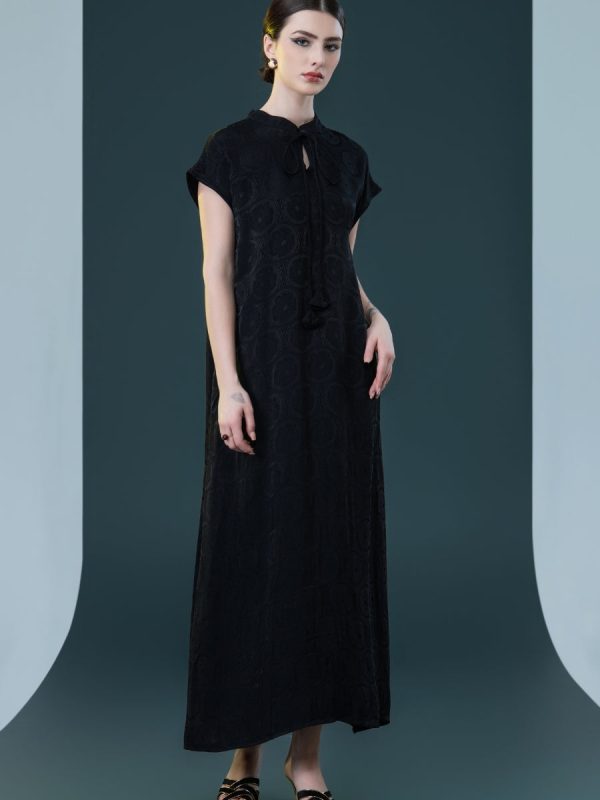 Elegant Black Cap-Sleeve Maxi Dress with Tie Neck - Image 6