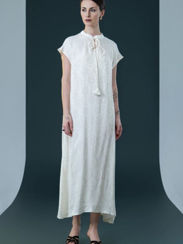 Elegant Black Cap-Sleeve Maxi Dress with Tie Neck - Image 2