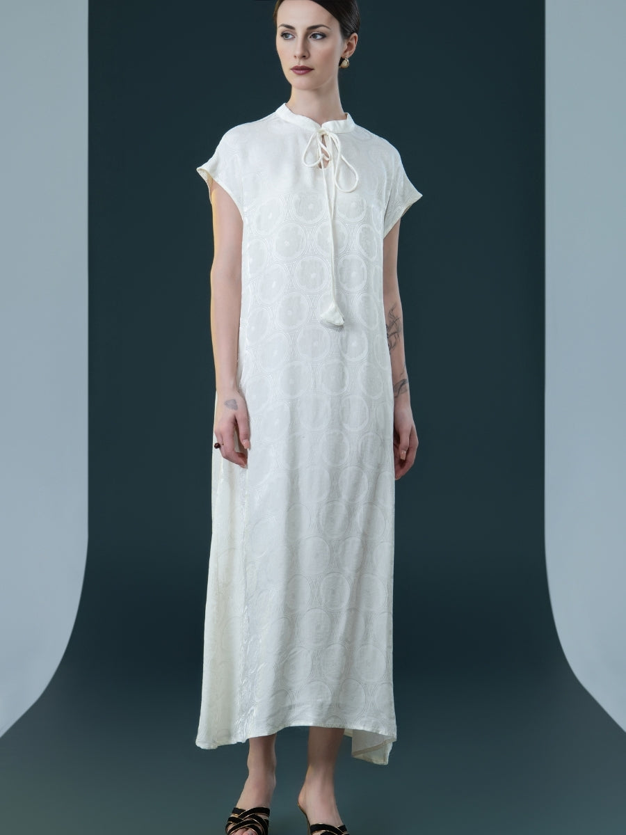 Elegant Black Cap-Sleeve Maxi Dress with Tie Neck - Image 2