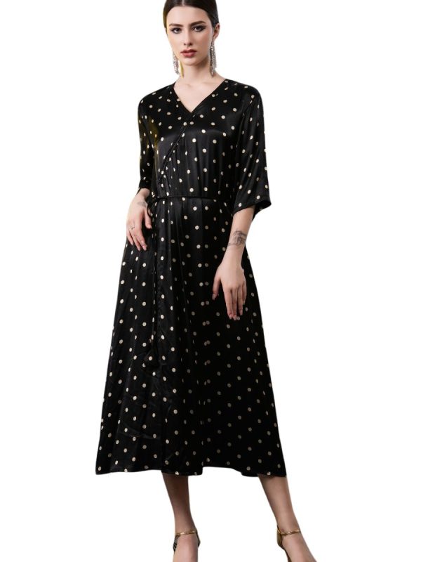 Black Polka Dot Wrap Dress with V-Neck - Image 7