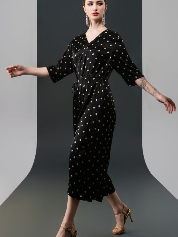 Black Polka Dot Wrap Dress with V-Neck - Image 4