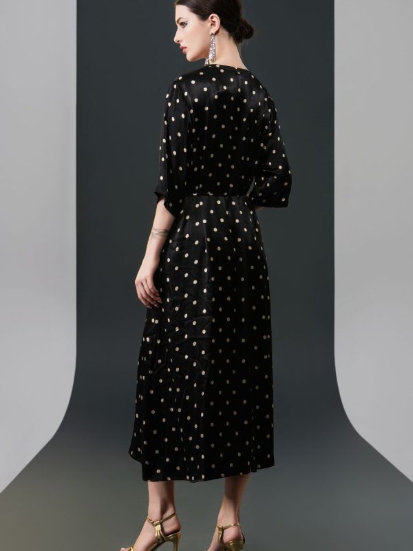 Black Polka Dot Wrap Dress with V-Neck - Image 6