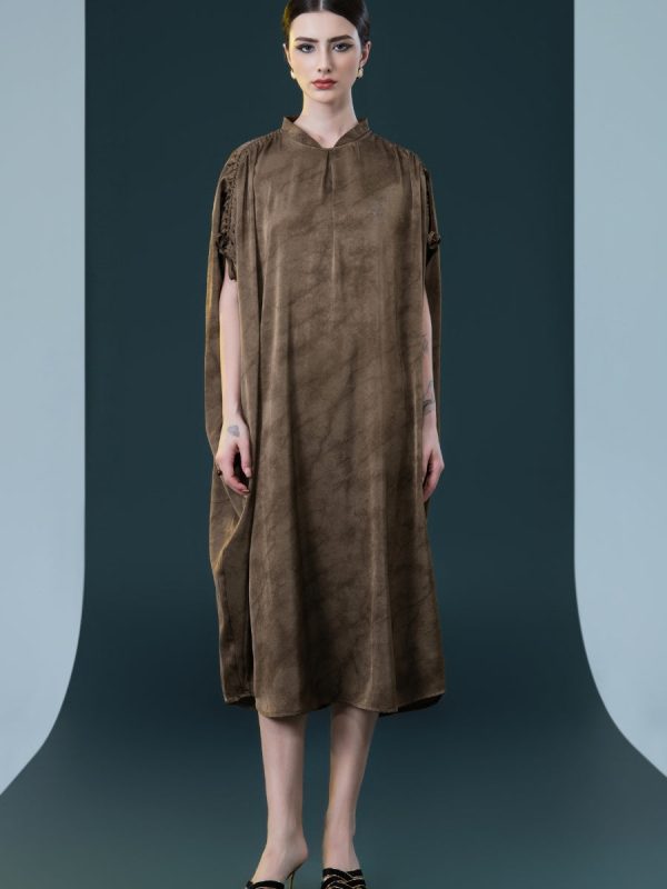 Elegant Brown High-Collar Dress with Gathered Sleeve Detailing - Image 3