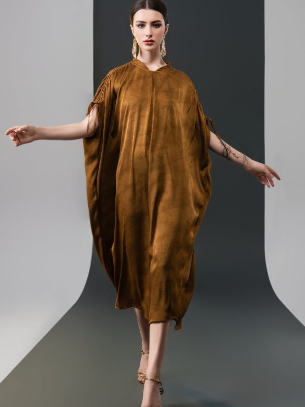 Elegant Brown High-Collar Dress with Gathered Sleeve Detailing - Image 12