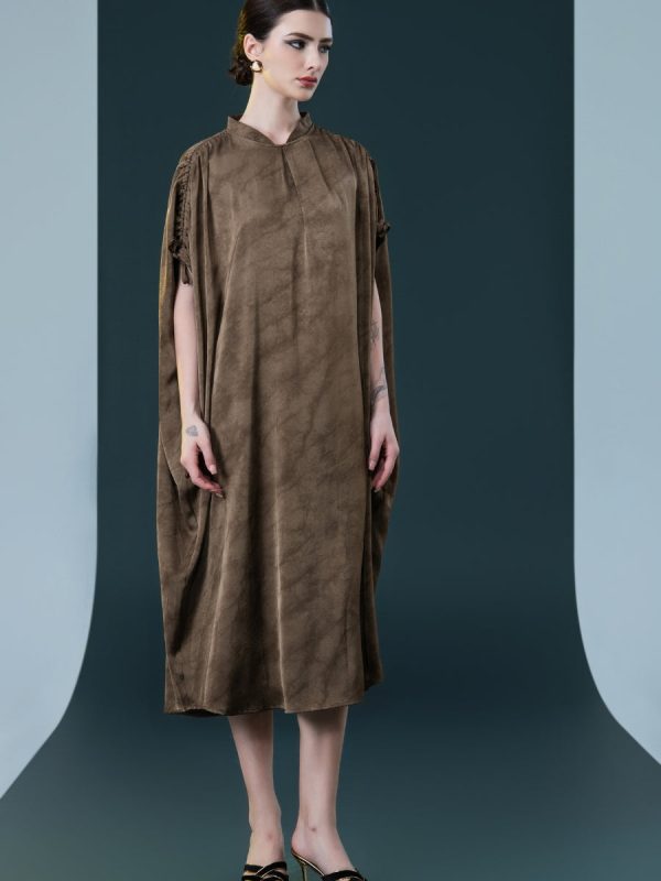 Elegant Brown High-Collar Dress with Gathered Sleeve Detailing - Image 4