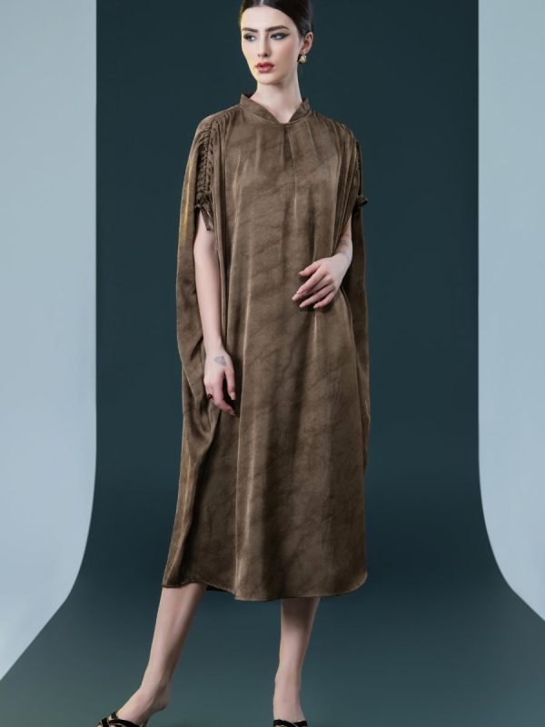 Elegant Brown High-Collar Dress with Gathered Sleeve Detailing - Image 5