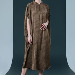 Elegant Brown High-Collar Dress with Gathered Sleeve Detailing