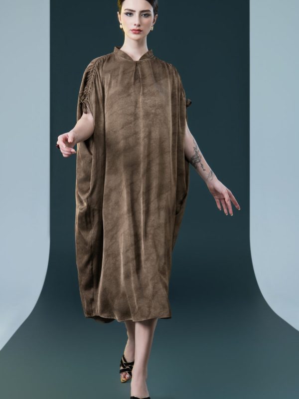 Elegant Brown High-Collar Dress with Gathered Sleeve Detailing - Image 6