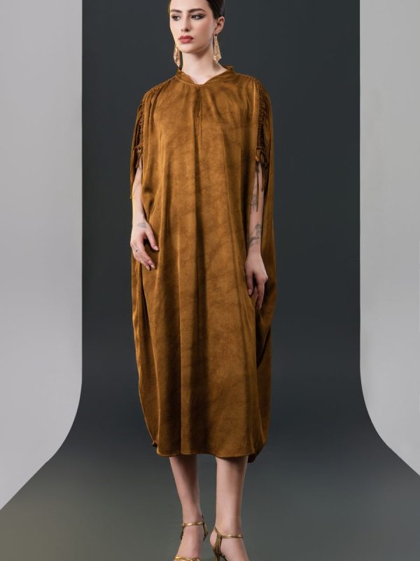 Elegant Brown High-Collar Dress with Gathered Sleeve Detailing - Image 8