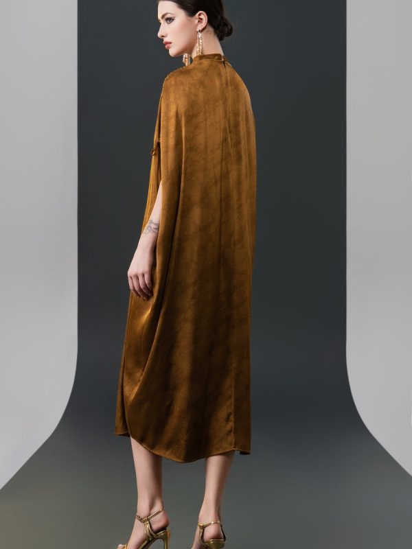 Elegant Brown High-Collar Dress with Gathered Sleeve Detailing - Image 9