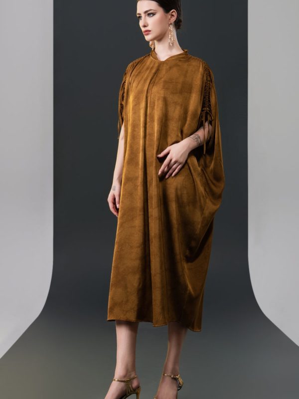 Elegant Brown High-Collar Dress with Gathered Sleeve Detailing - Image 10