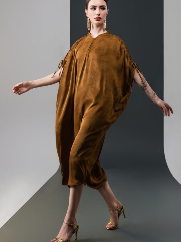 Elegant Brown High-Collar Dress with Gathered Sleeve Detailing - Image 11