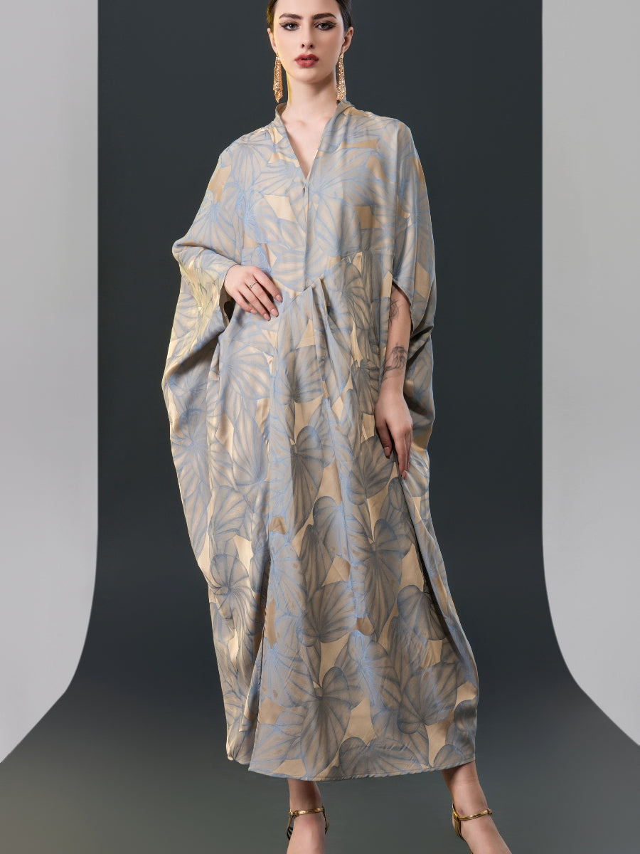 Silver and Beige Leaf Print Kaftan Dress - Image 3