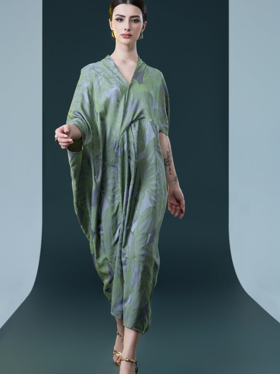 Silver and Beige Leaf Print Kaftan Dress - Image 12