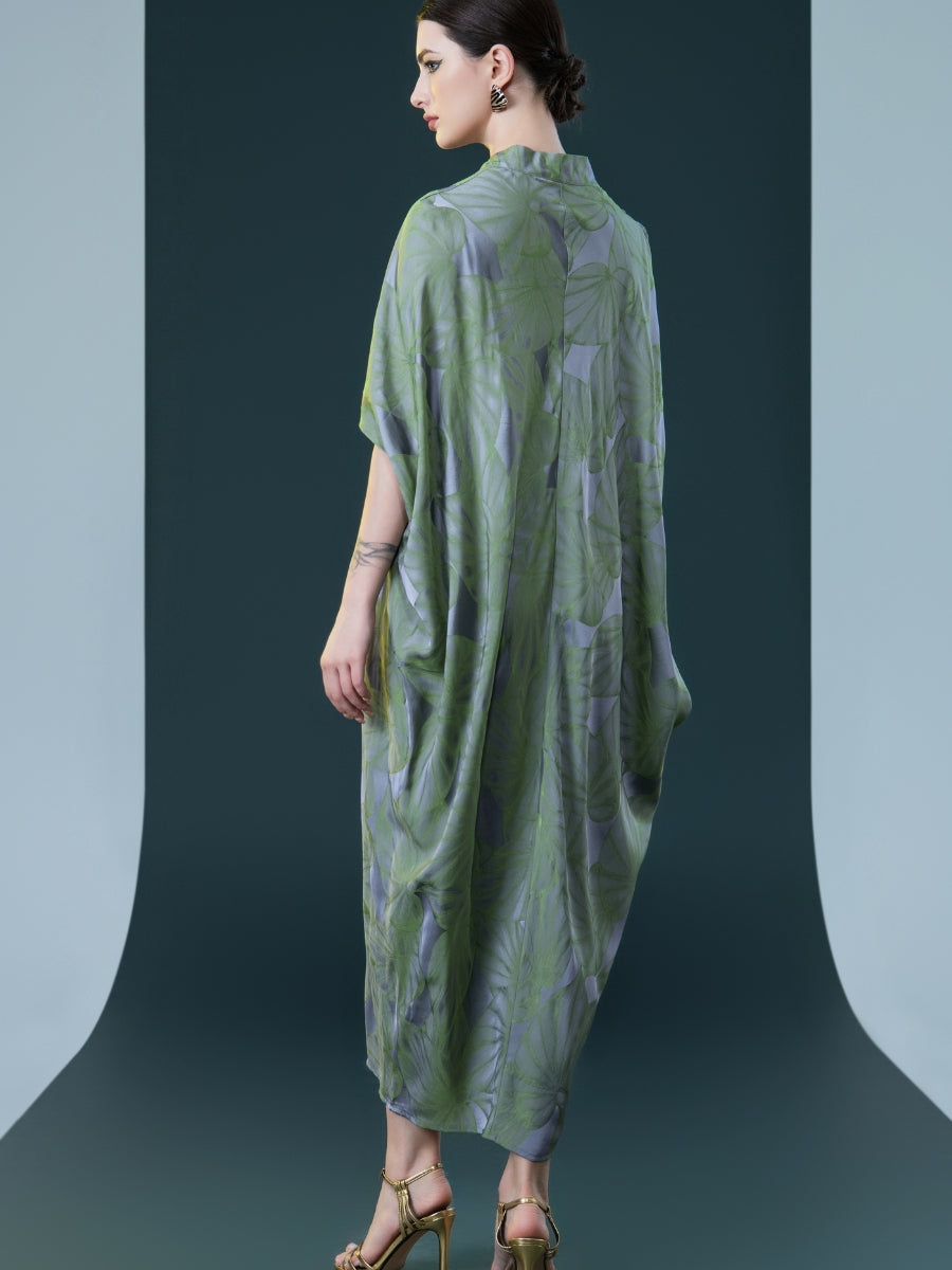 Silver and Beige Leaf Print Kaftan Dress - Image 13
