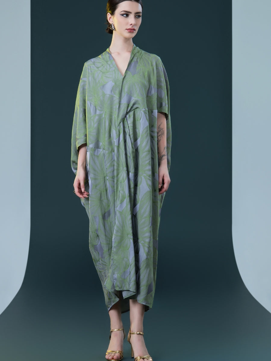 Silver and Beige Leaf Print Kaftan Dress - Image 14