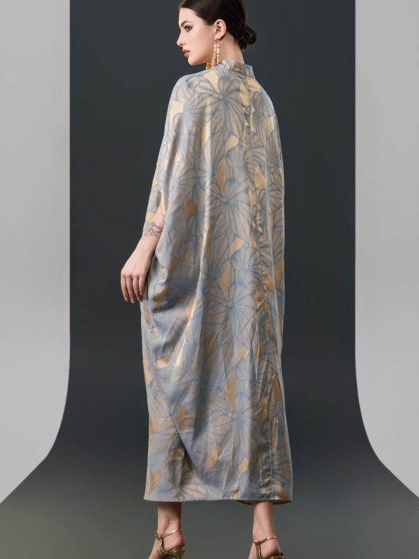 Silver and Beige Leaf Print Kaftan Dress - Image 6