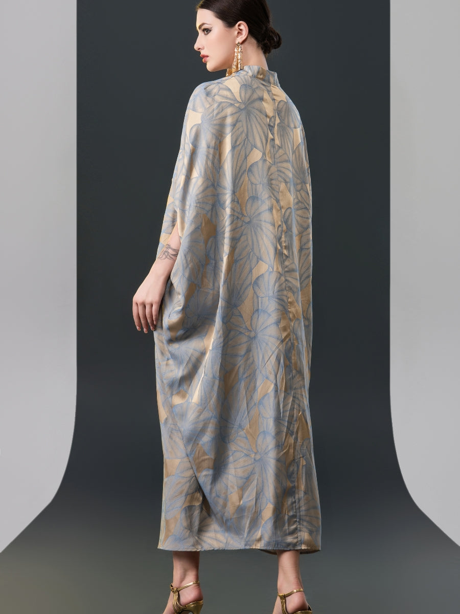 Silver and Beige Leaf Print Kaftan Dress - Image 6