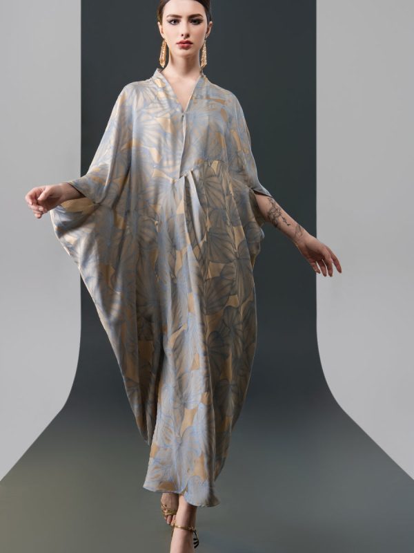 Silver and Beige Leaf Print Kaftan Dress - Image 7