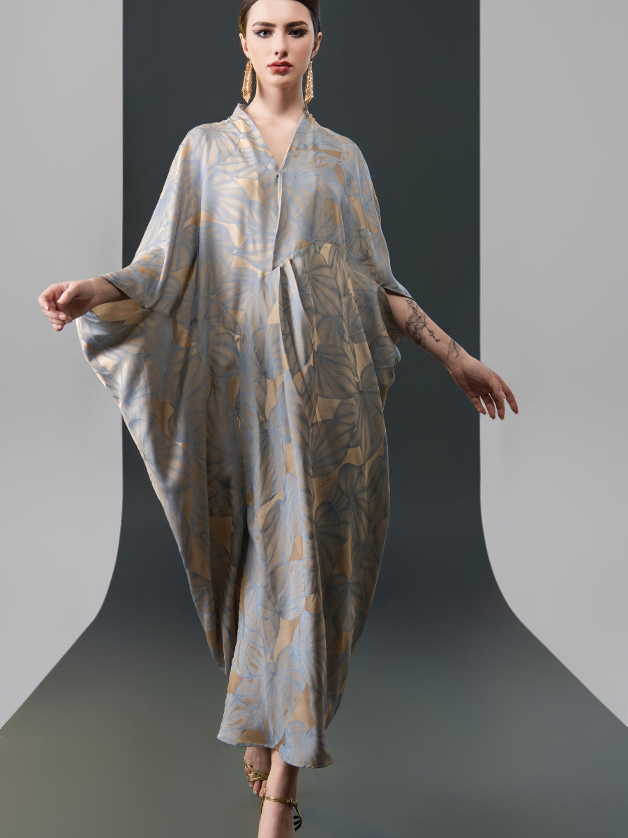 Silver and Beige Leaf Print Kaftan Dress - Image 7